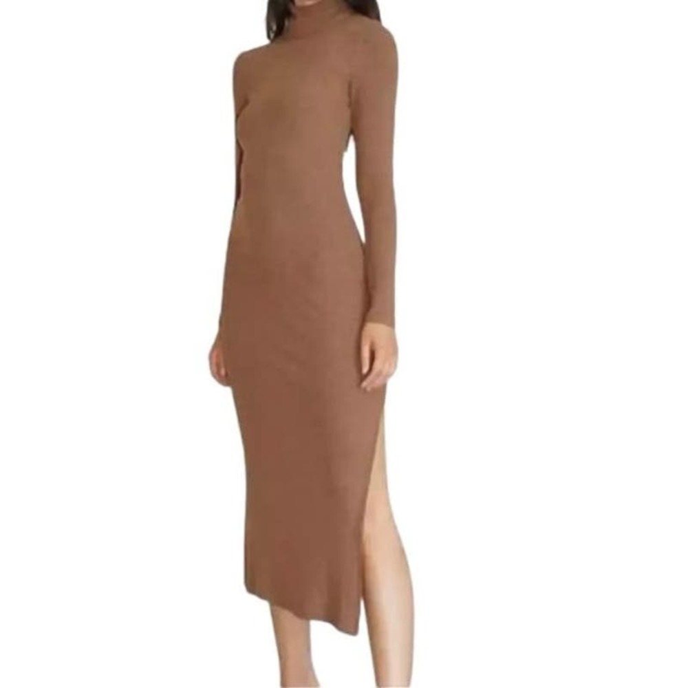 LNA Turtleneck Midi Dress Ribbed Knit Brown Size 2X New
